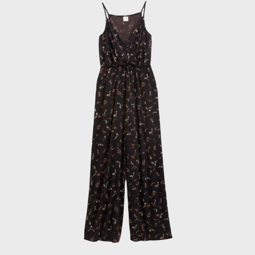 Kaileigh Women's Black Floral Surplice Jumpsuit Spaghetti Straps Pockets Size M